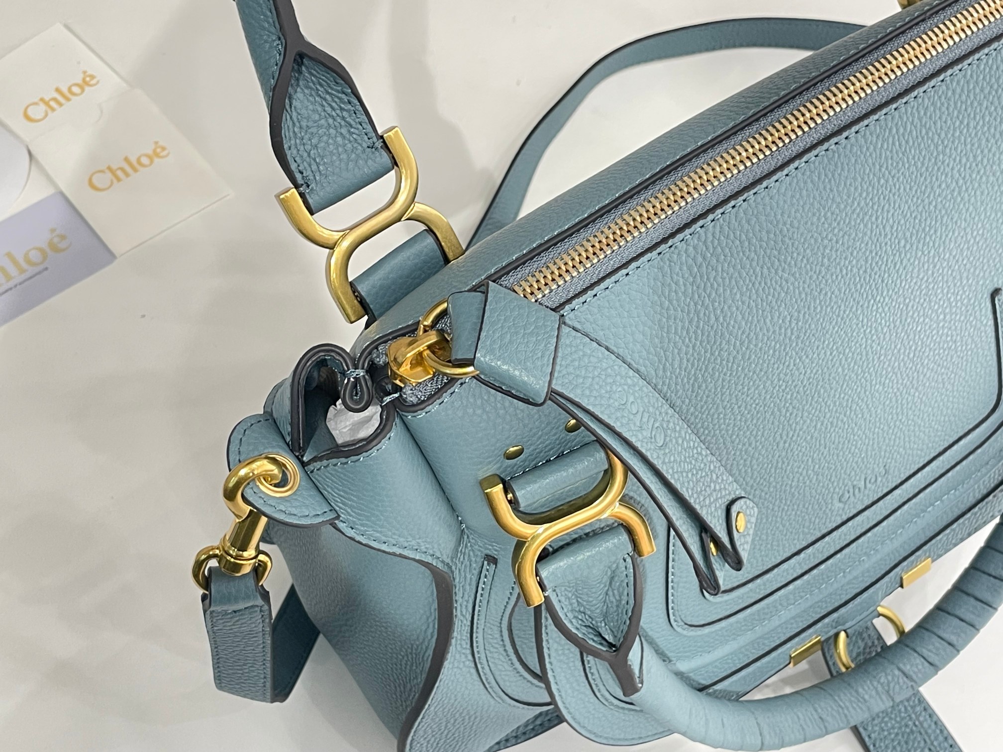 Chloe Large Marcie Bag In Light Blue Grained Leather